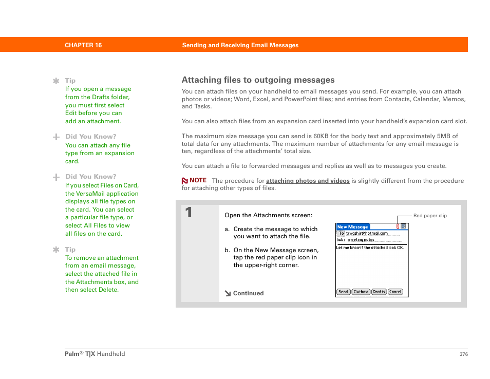 Attaching files to outgoing messages | Palm TX User Manual | Page 398 / 690