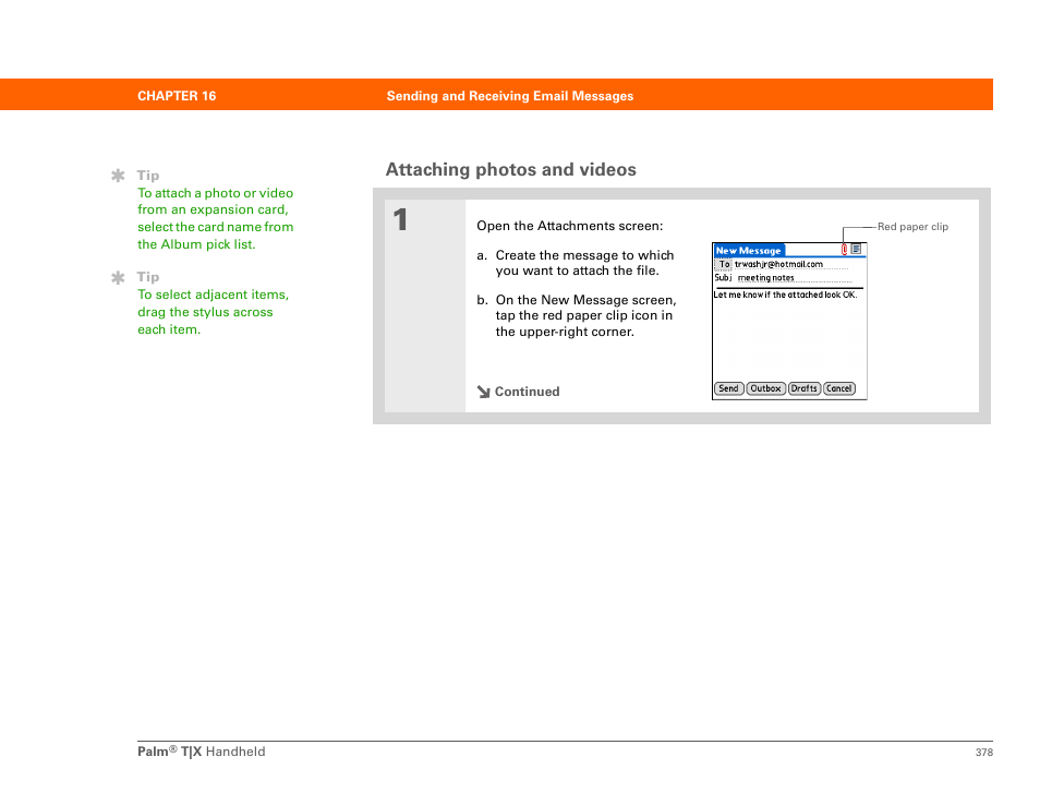 Attaching photos and videos, Attach a photo or video | Palm TX User Manual | Page 400 / 690