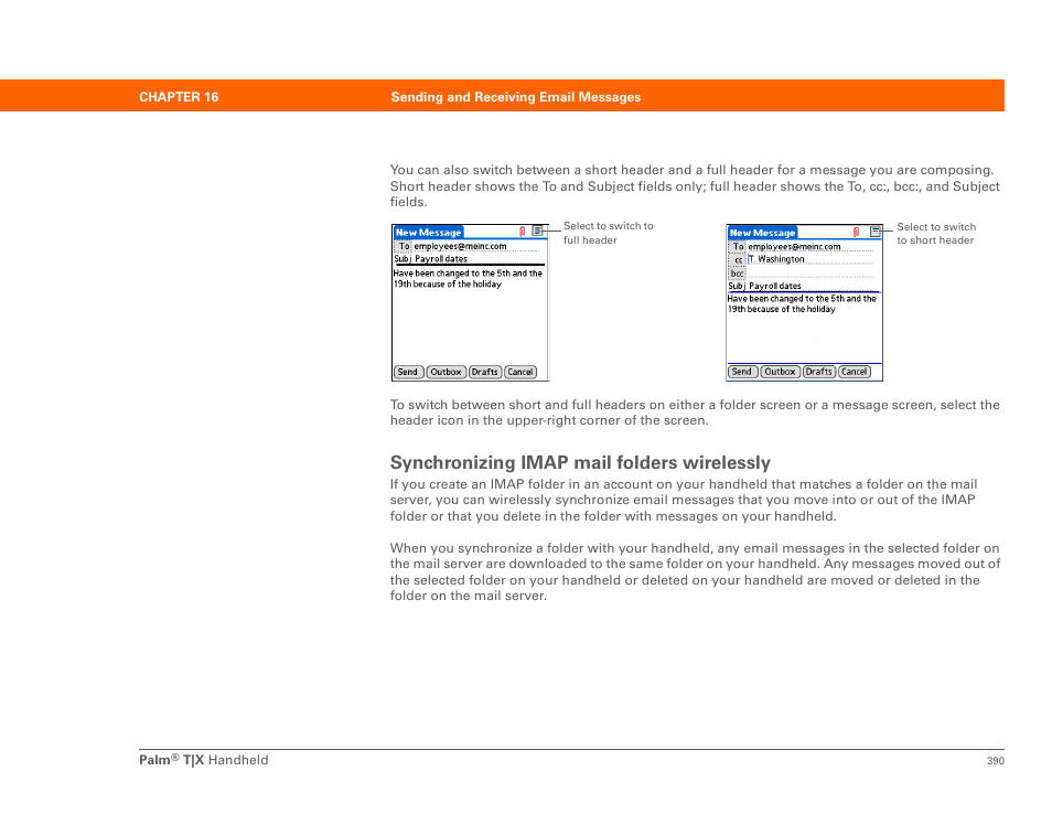 Synchronizing imap mail folders wirelessly | Palm TX User Manual | Page 412 / 690