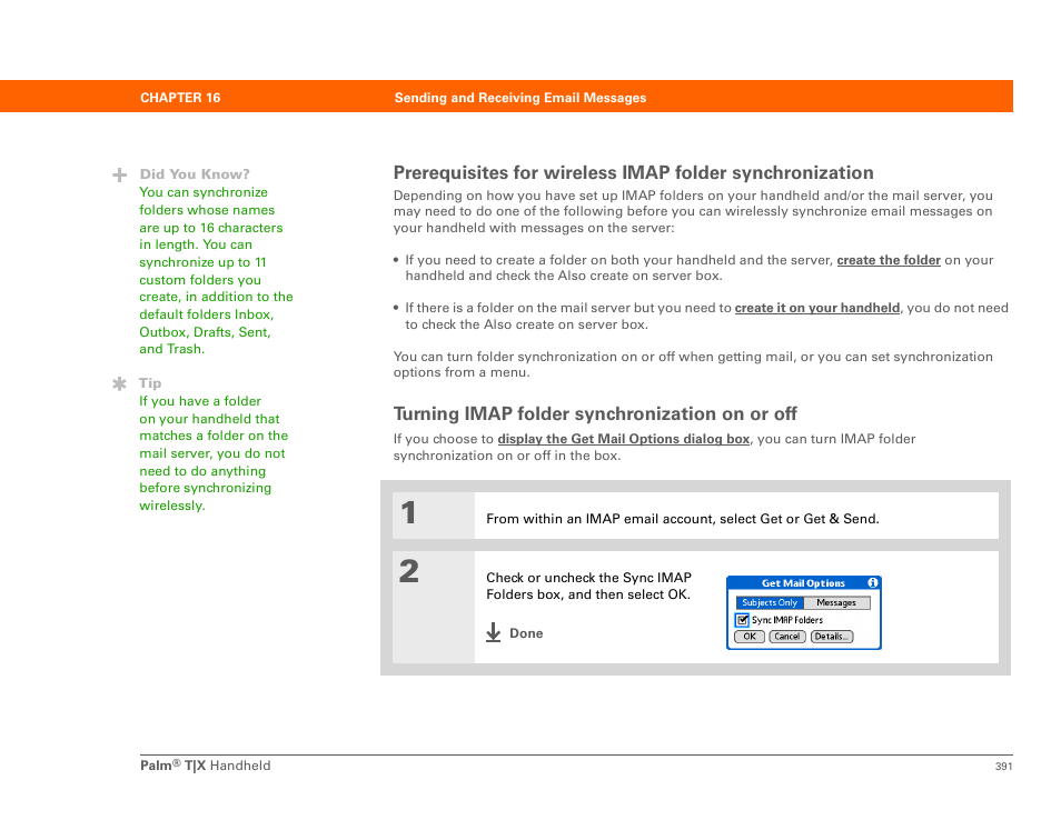 Turning imap folder synchronization on or off | Palm TX User Manual | Page 413 / 690