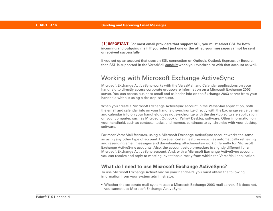 Working with microsoft exchange activesync, Micr, Microsoft exchange activesync | Palm TX User Manual | Page 415 / 690