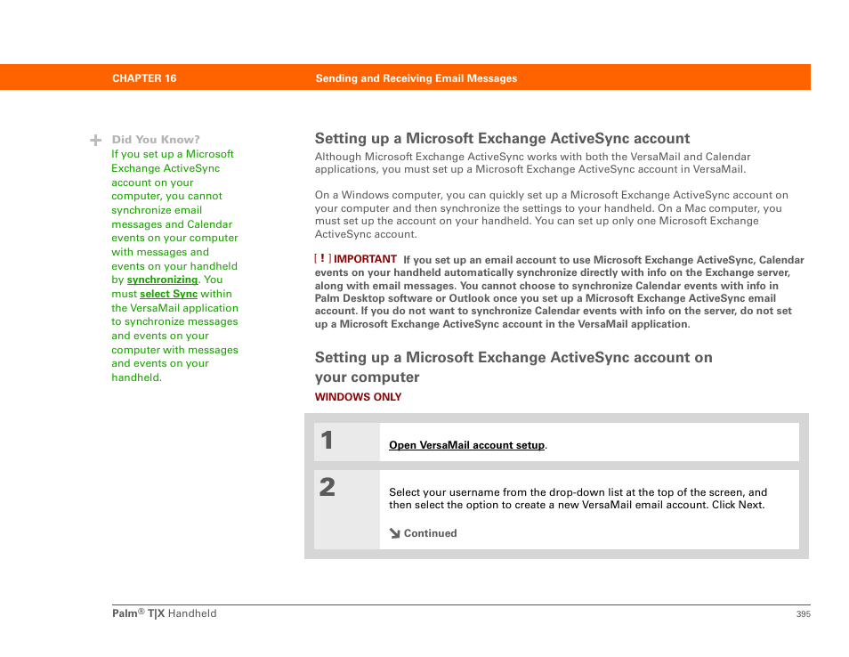 Your computer, Setting up a microsoft exchange activesync account | Palm TX User Manual | Page 417 / 690