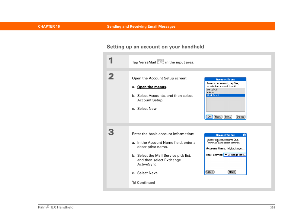 Setting up an account on your handheld | Palm TX User Manual | Page 420 / 690