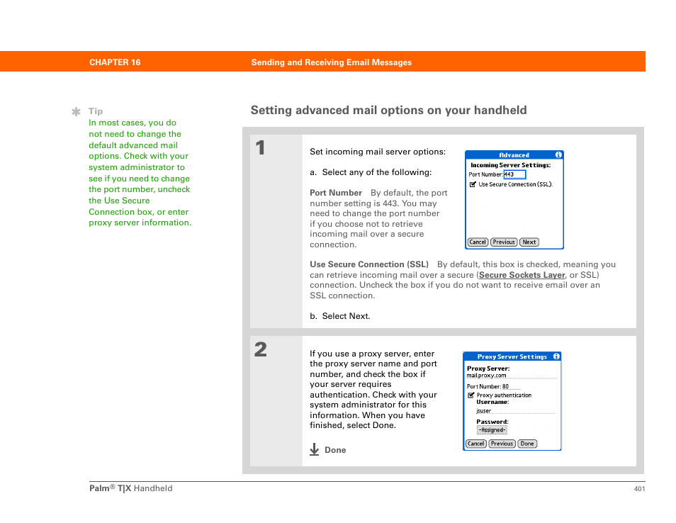 Setting advanced mail options on your handheld | Palm TX User Manual | Page 423 / 690