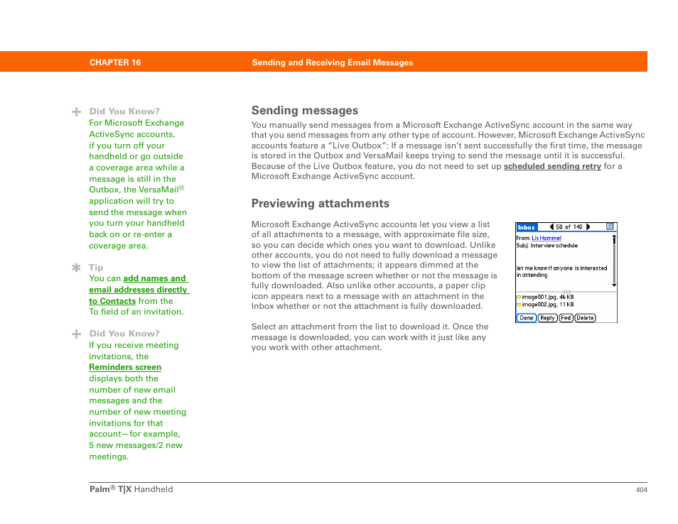 Sending messages previewing attachments, Sending messages, Previewing attachments | Palm TX User Manual | Page 426 / 690