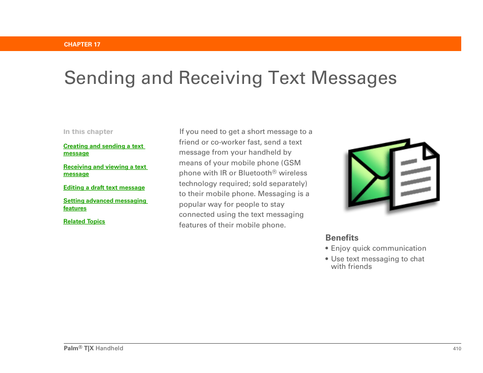 Sending and receiving text messages, Chapter 17: sending and receiving text messages, Messaging | Palm TX User Manual | Page 432 / 690