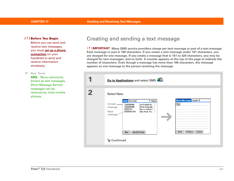 Creating and sending a text message | Palm TX User Manual | Page 433 / 690