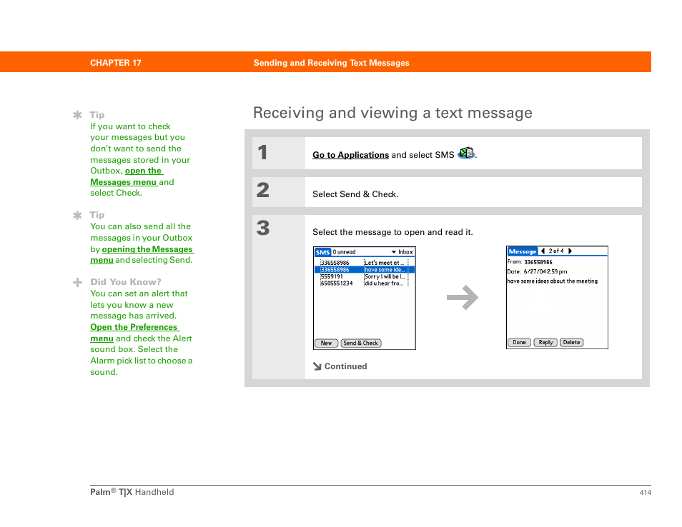 Receiving and viewing a text message | Palm TX User Manual | Page 436 / 690