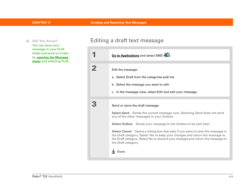 Editing a draft text message | Palm TX User Manual | Page 438 / 690