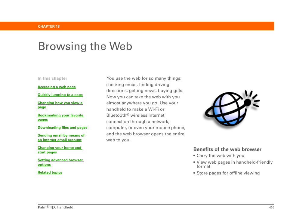 Browsing the web, Chapter 18: browsing the web, E web browser | Browse the web | Palm TX User Manual | Page 442 / 690