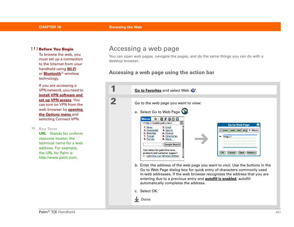 Enter a url in, Accessing a web page | Palm TX User Manual | Page 443 / 690