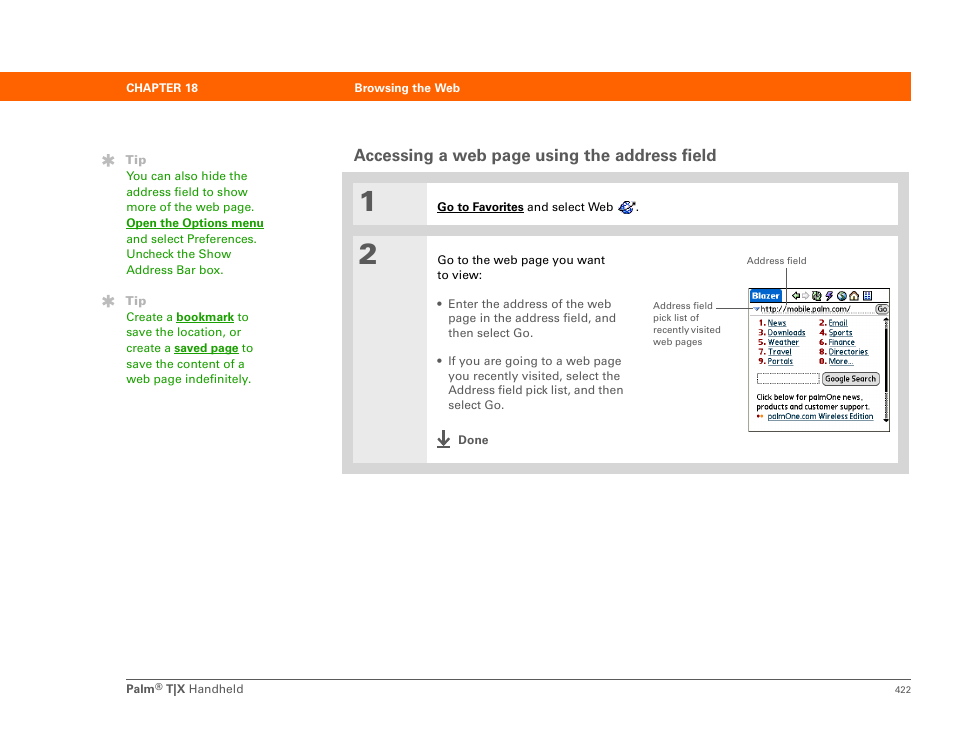 Accessing a web page using the address field | Palm TX User Manual | Page 444 / 690