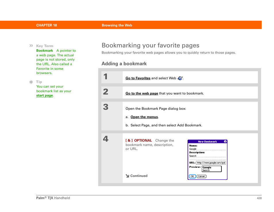 Adding a bookmark, Create a bookmark, Bookmarking your favorite pages | Palm TX User Manual | Page 450 / 690