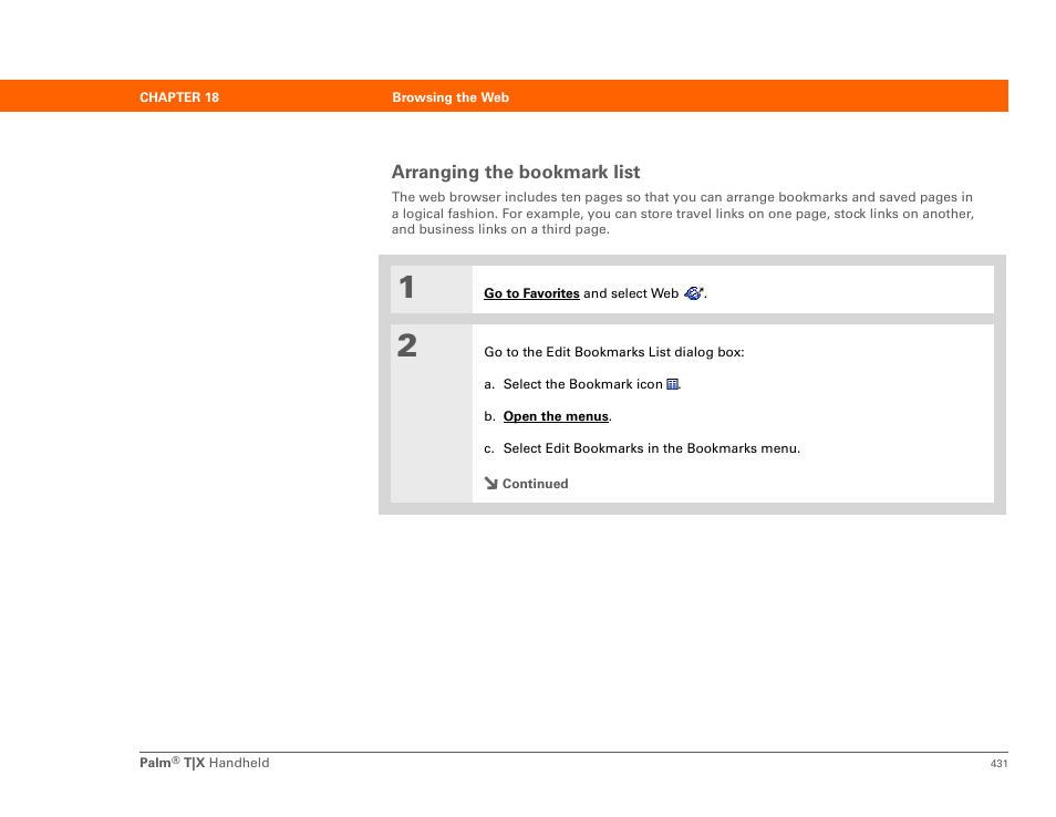 Arranging the bookmark list | Palm TX User Manual | Page 453 / 690