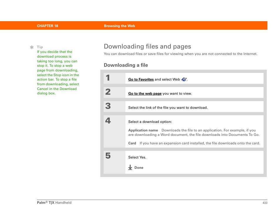 Downloading a file, Downloading files and pages | Palm TX User Manual | Page 455 / 690