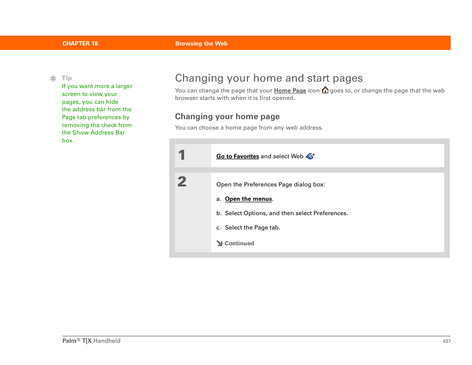 Changing your home and start pages, Changing your home page | Palm TX User Manual | Page 459 / 690