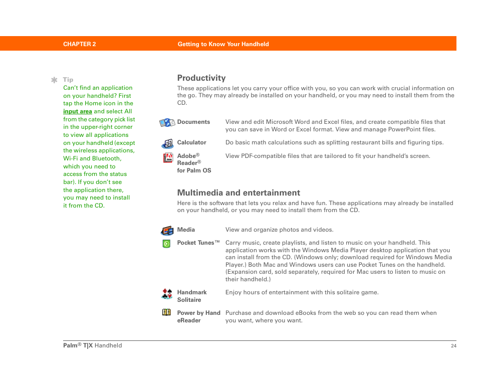 Productivity, Multimedia and entertainment | Palm TX User Manual | Page 46 / 690