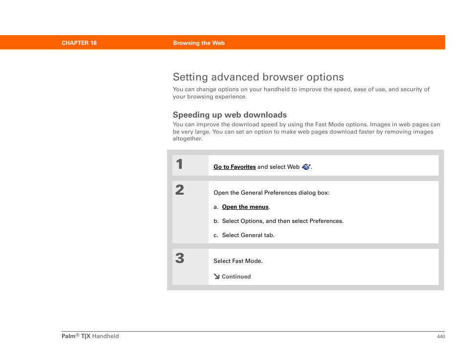 Setting advanced browser options, Speeding up web downloads | Palm TX User Manual | Page 462 / 690