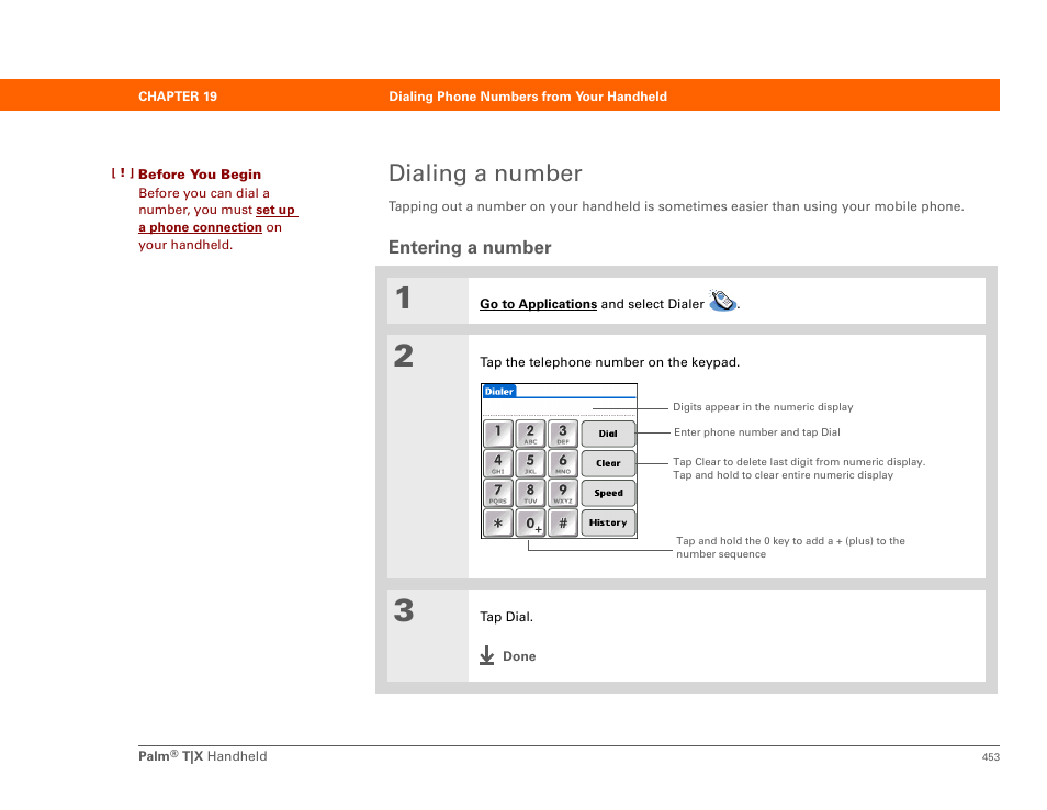 Dialing a number, Entering a number | Palm TX User Manual | Page 475 / 690