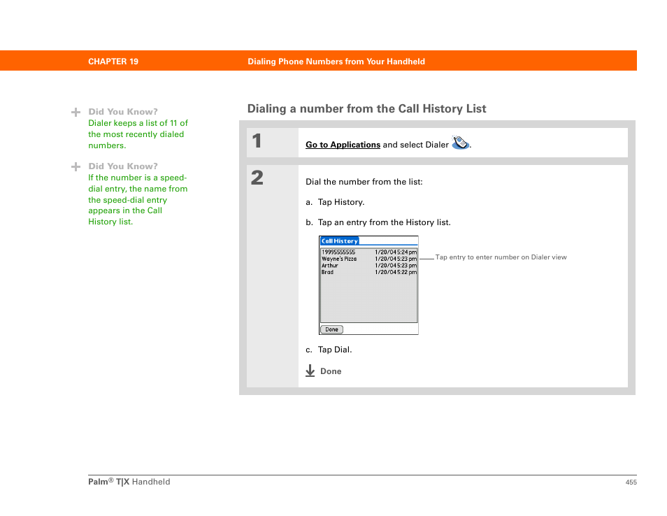 Dialing a number from the call history list | Palm TX User Manual | Page 477 / 690