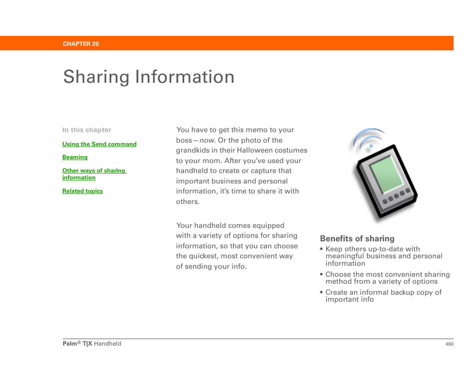 Sharing information, Chapter 20: sharing information, Sharing | Palm TX User Manual | Page 482 / 690