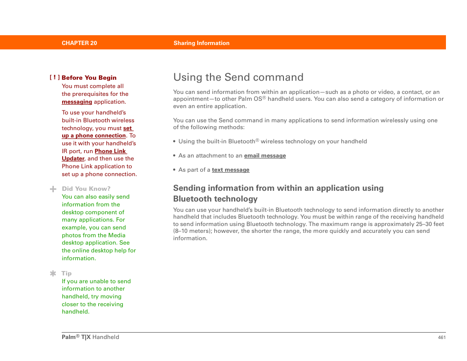 Using the send command, Bluetooth technology, Send | Palm TX User Manual | Page 483 / 690