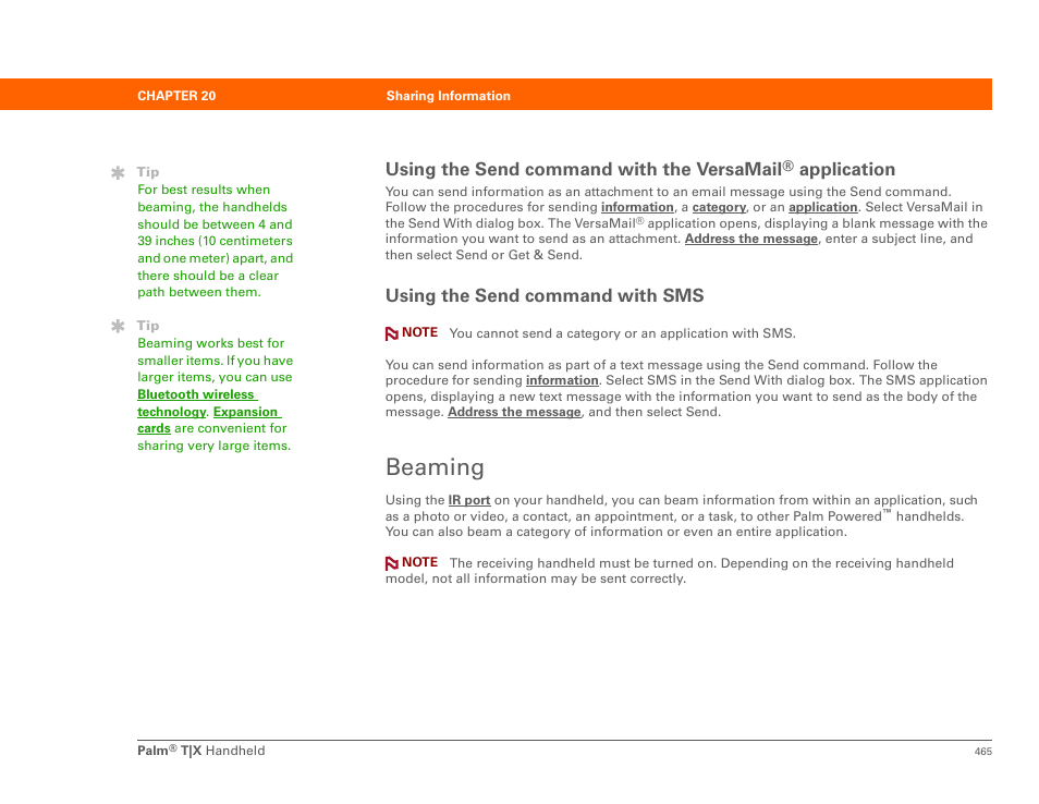 Beaming, Using the send command with the versamail, Using the send command with sms | Ing beaming, Then beam, Beam a photo or video, Age. beam the items, Application | Palm TX User Manual | Page 487 / 690