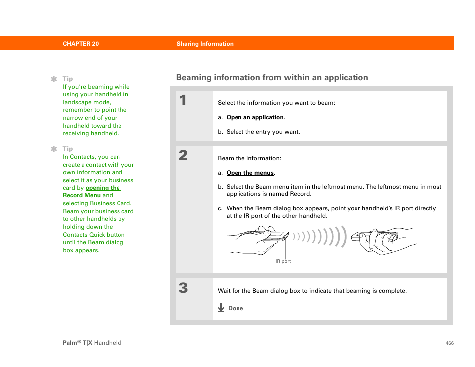 Beaming information from within an application | Palm TX User Manual | Page 488 / 690