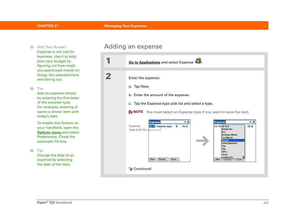 Adding an expense | Palm TX User Manual | Page 494 / 690