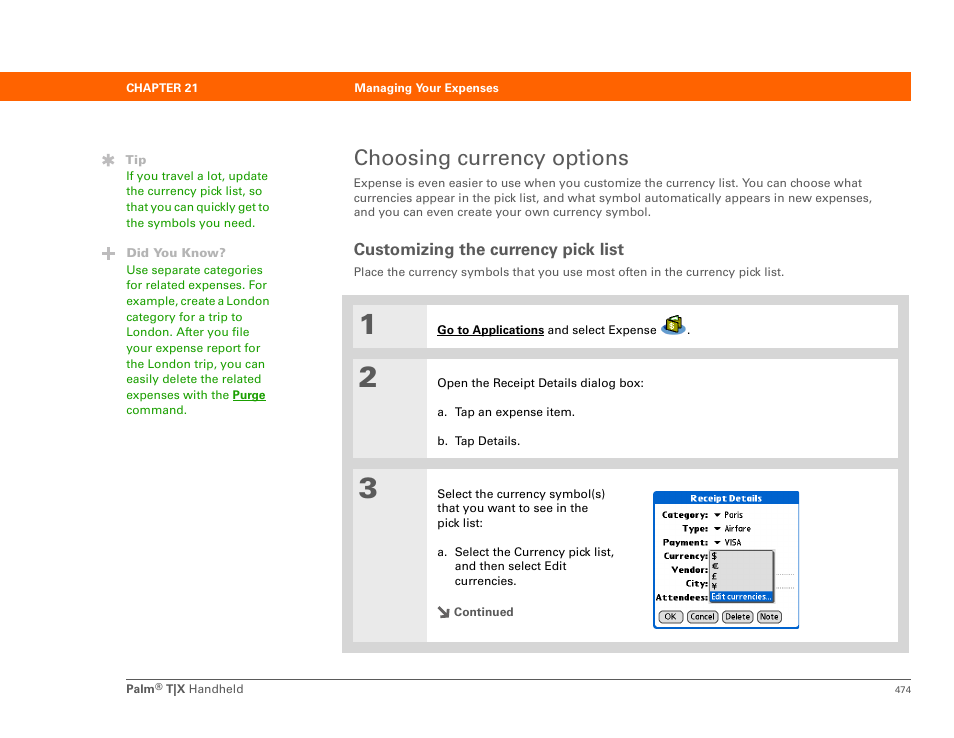 Choosing currency options, Customizing the currency pick list | Palm TX User Manual | Page 496 / 690