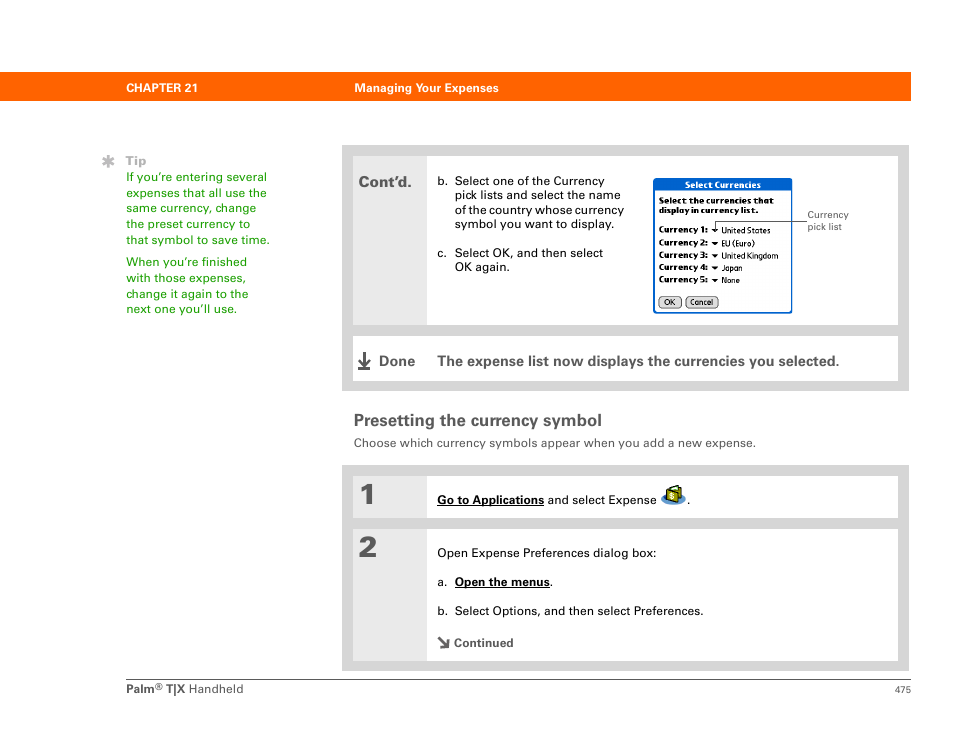 Presetting the currency symbol, N preset this, Symbol | Palm TX User Manual | Page 497 / 690