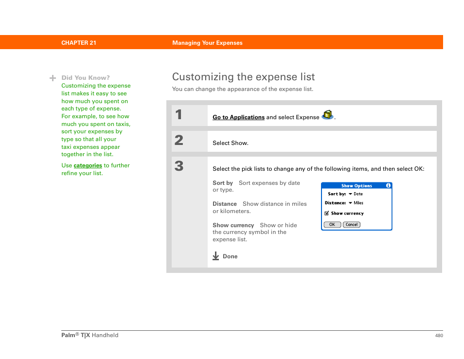 Customizing the expense list | Palm TX User Manual | Page 502 / 690