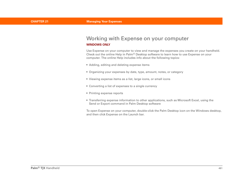 Working with expense on your computer, N send your expense information to a spreadsheet | Palm TX User Manual | Page 503 / 690