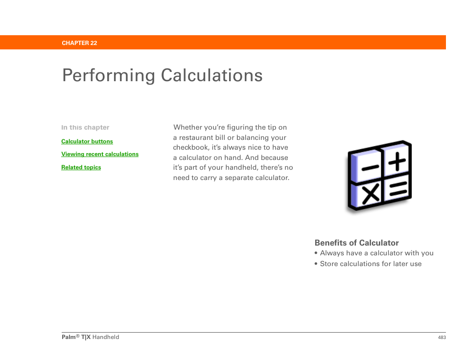Performing calculations, Chapter 22: performing calculations, Calculator | Palm TX User Manual | Page 505 / 690