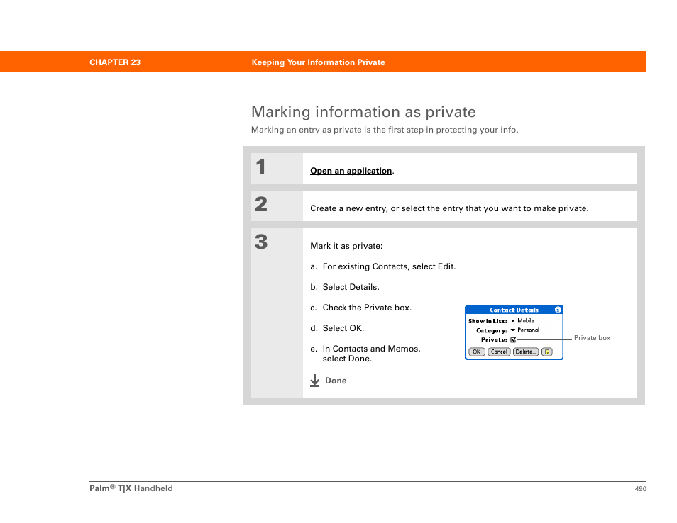 Marking information as private, Private | Palm TX User Manual | Page 512 / 690