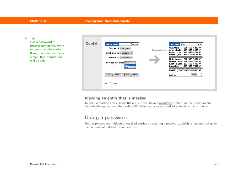 Using a password, Viewing an entry that is masked | Palm TX User Manual | Page 514 / 690