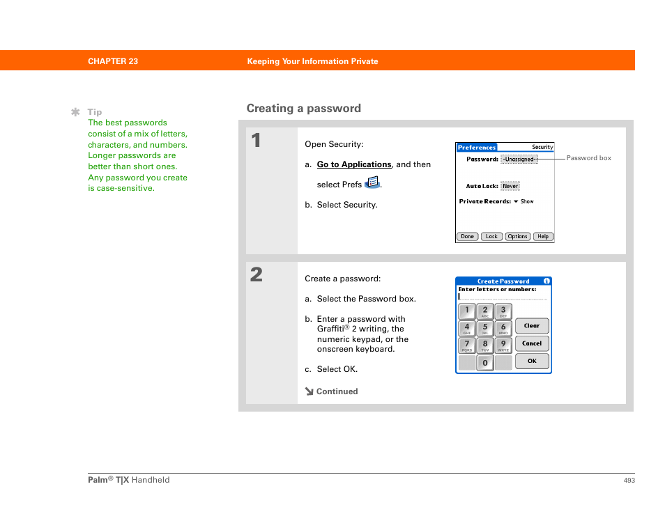Creating a password, Ting a password, Password | Palm TX User Manual | Page 515 / 690