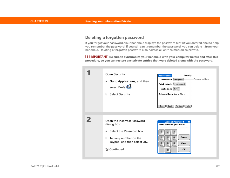 Deleting a forgotten password | Palm TX User Manual | Page 519 / 690