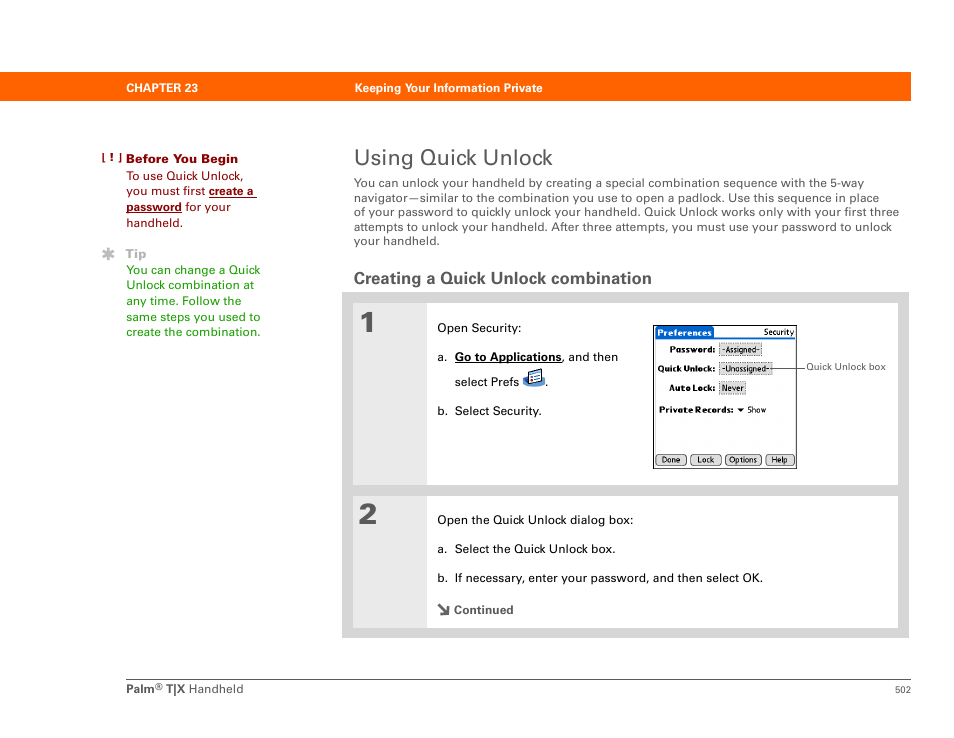 Using quick unlock, Creating a quick unlock combination | Palm TX User Manual | Page 524 / 690