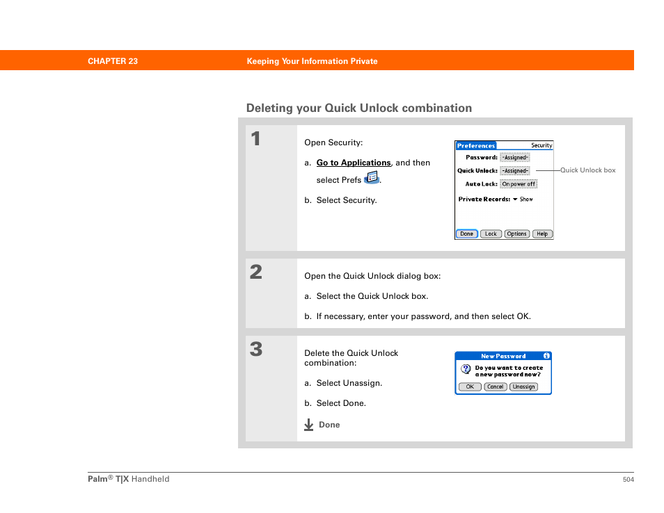 Deleting your quick unlock combination | Palm TX User Manual | Page 526 / 690