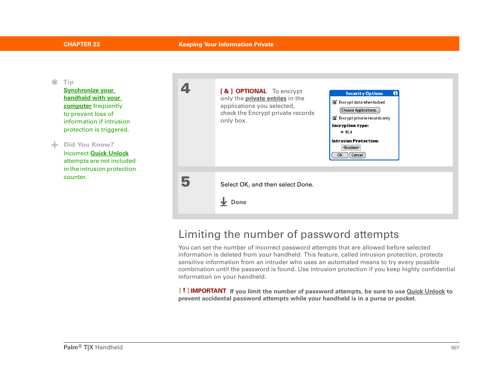 Limiting the number of password attempts | Palm TX User Manual | Page 529 / 690