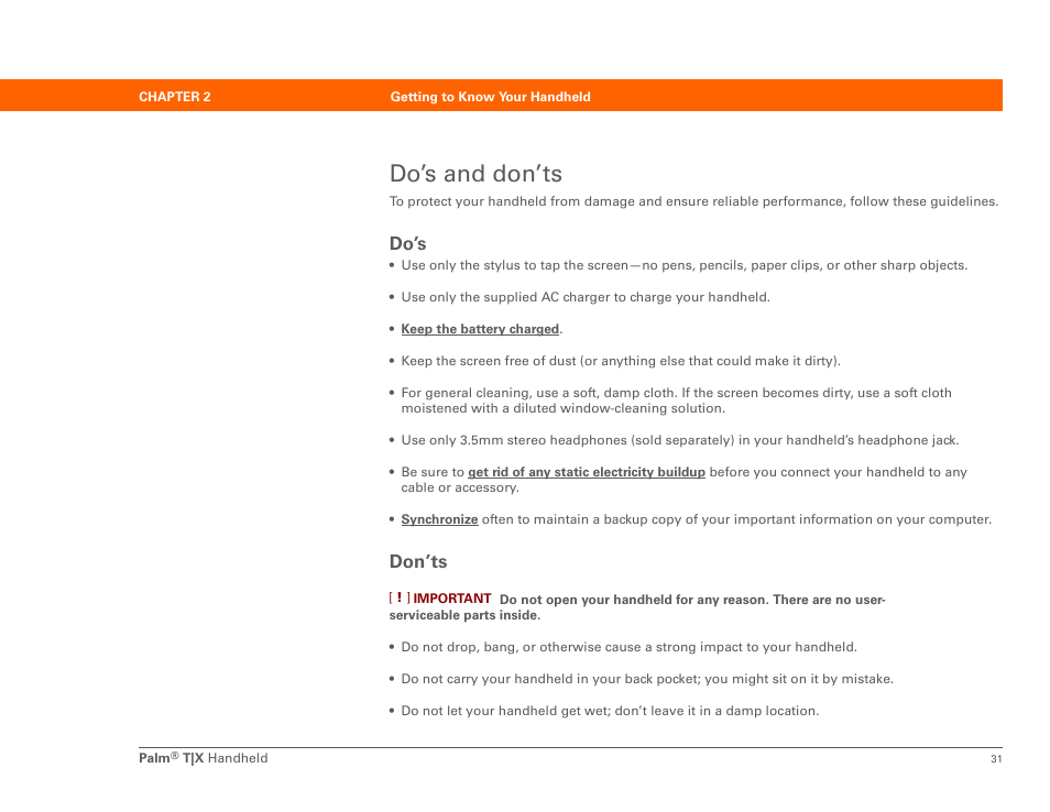 Do’s and don’ts, Do’s don’ts, Do’s | Don’ts | Palm TX User Manual | Page 53 / 690