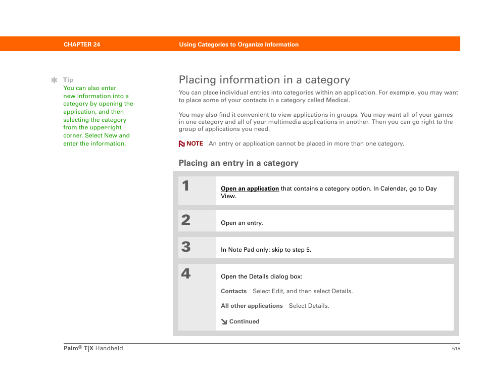 Placing information in a category, Placing an entry in a category | Palm TX User Manual | Page 537 / 690