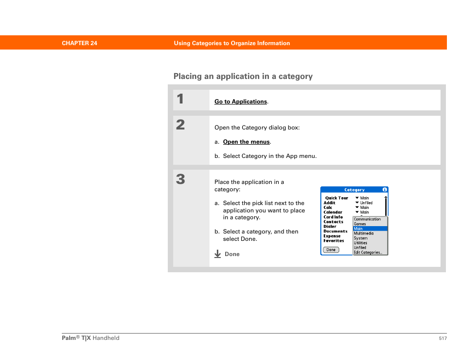 Placing an application in a category | Palm TX User Manual | Page 539 / 690