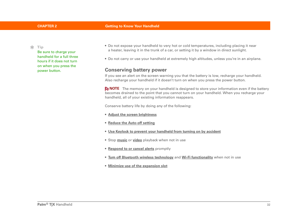 Conserving battery power | Palm TX User Manual | Page 54 / 690