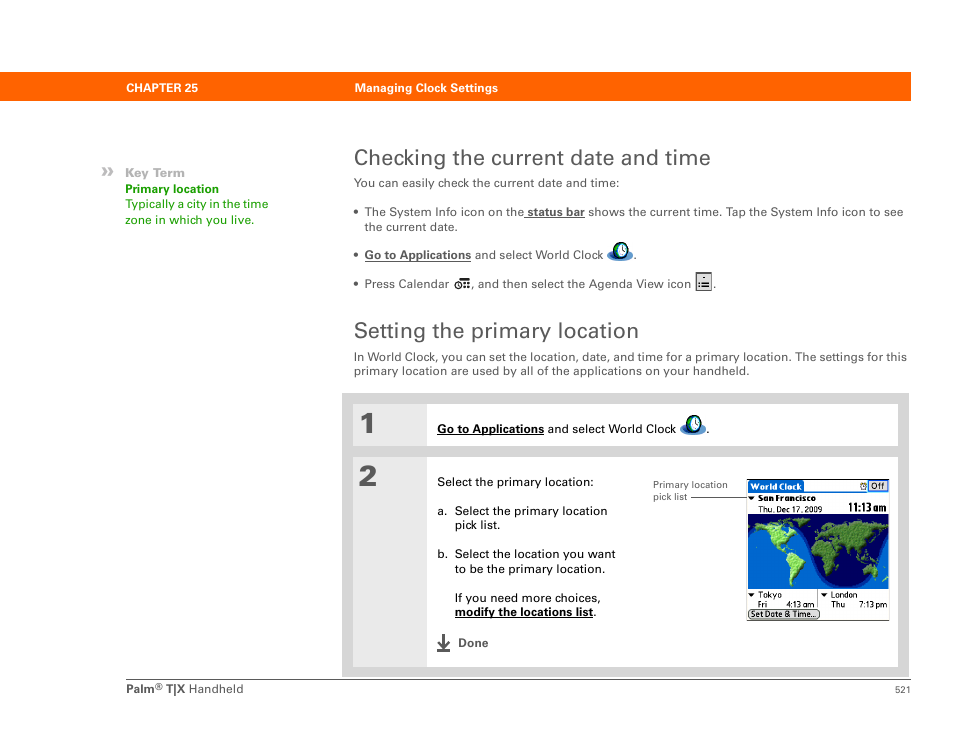 Checking the current date and time, Setting the primary location | Palm TX User Manual | Page 543 / 690