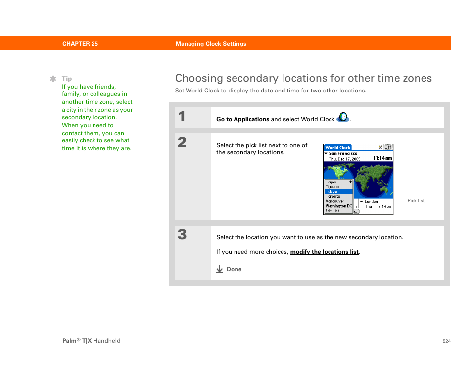 Choosing secondary locations for other time zones | Palm TX User Manual | Page 546 / 690