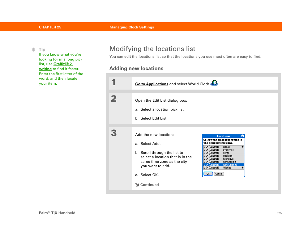Modifying the locations list, Adding new locations, Modify the locations list | Palm TX User Manual | Page 547 / 690