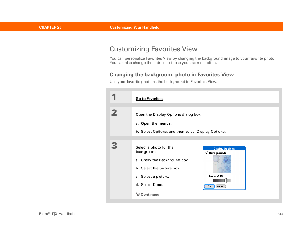 Customizing favorites view, Changing the background photo in favorites view, Your handheld; select | Photos as the background | Palm TX User Manual | Page 555 / 690