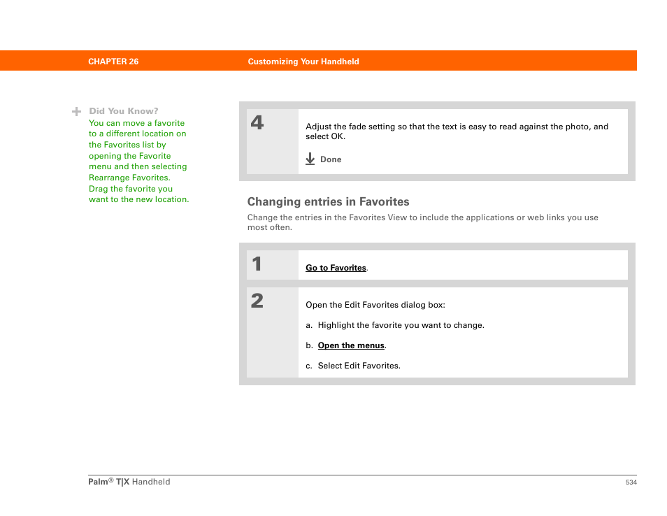 Changing entries in favorites | Palm TX User Manual | Page 556 / 690